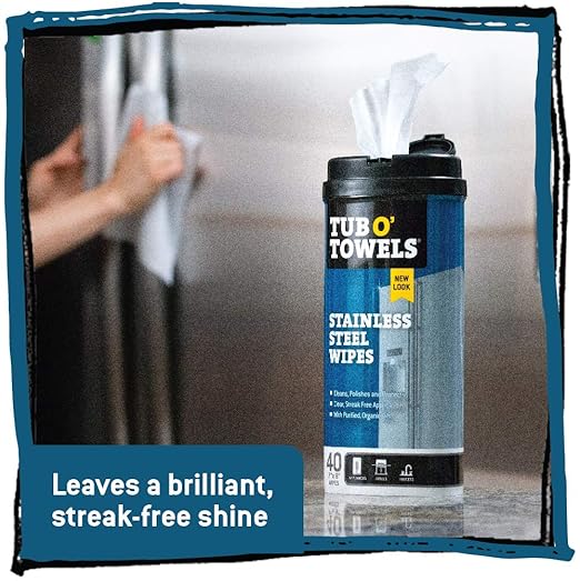 Tub O' Towels Heavy Duty Stainless Steel Cleaner Wipes, 40 Count, 2 Pack, with 12” x 12: Micro Fiber Cloth