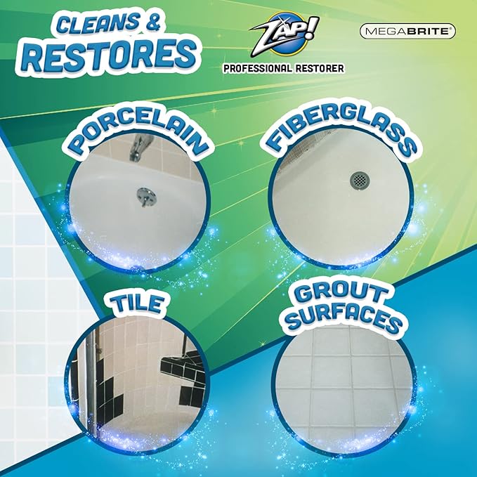 Megabrite - ZAP! Professional Tile & Grout Restorer | Cleans & Restores Porcelain, Fiberglass, Tile, & Grout Surfaces | Rust & Hard Water Remover | Kitchens & Bathroom Porcelain Sinks, Toilets, & Tubs