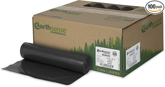 Earthsense Commercial RNW4760 Can Liner, 43 x 47, 56 gal Glutton, 1.65 mil, Black (Pack of 100)