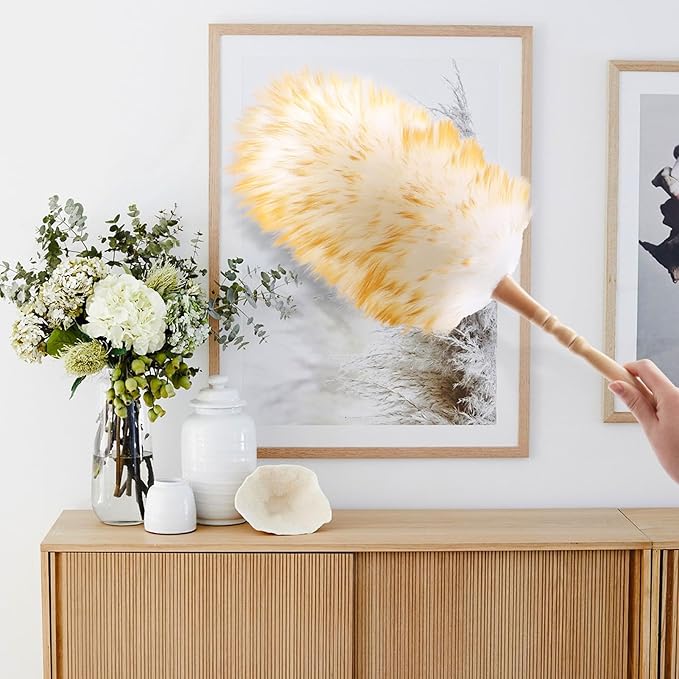 iHUFeather Lambswool Duster for Cleaning with Solid Wooden Handle Leather Hang Strap 19.6 inch Natural Feather Duster for Cleaning Ceiling Fans Window Blinds Computer Furniture(2 Pack)