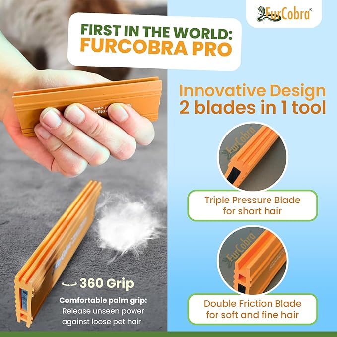 FURCOBRA Pro Pet Hair Remover 4.3” – Dog & Cat Hair Remover for Car, Couch, Carpet, Bed & Furniture – Reusable Dual-Blade Pet Hair Scraper for Auto Detailing, Home & Upholstery