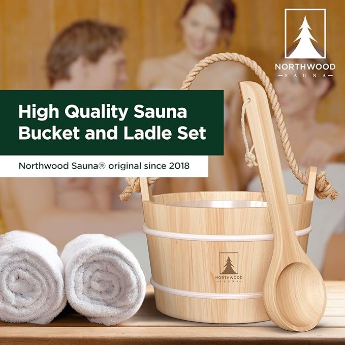 Sauna Bucket and Ladle Set - Handmade from Finnish Pine Wood - Natural Rope Handle - 1.6 Gallons (6 Liters) Water Capacity