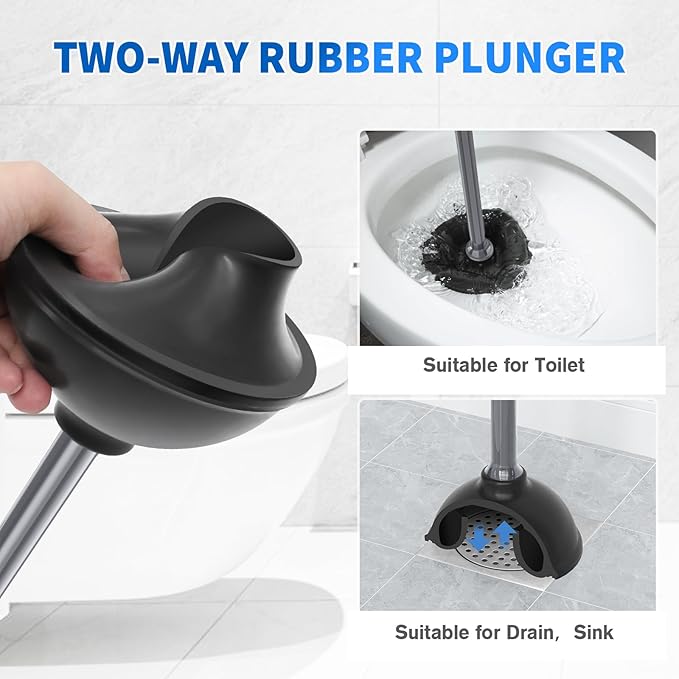 Toilet Plunger and Brush, Silicone Bowl Brush and Heavy Duty Toilet Plunger Set with Ventilated Holder, 2-in-1 Toilet Brush and Plunger Combo for 5.3-inch Bathroom Cleaning (Gray, 1 Set)