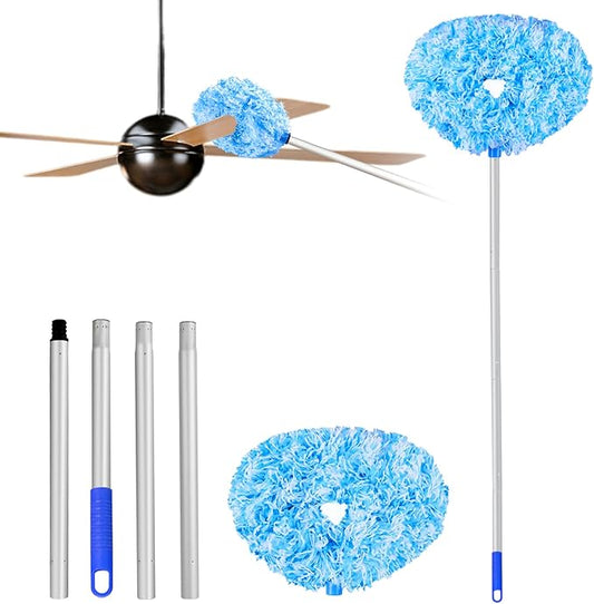 Heonay Ceiling Fan Cleaner Duster Reusable Microfiber Ceiling Fan Blade Cleaner Removable Duster with Extension Pole Adjusts 13 to 49.7 Inch for Cleaning Walls Furniture Door Window Top (Blue White)