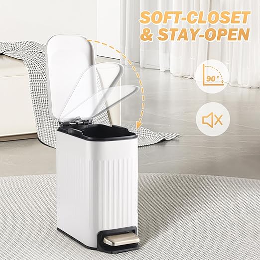 Slim Bathroom Trash Can with Lid Soft Close, Stainless Steel Garbage Can Step Trash Bin with Removable Inner Bucket for Bedroom, Office, Kitchen (Matt White, 1.8 Gallons)