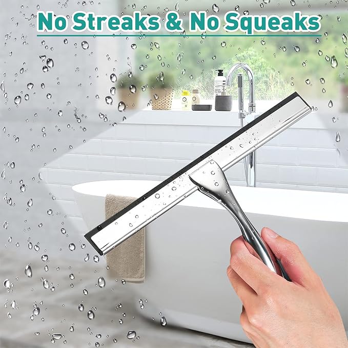 steauty Shower Squeegee for Glass Doors,14-Inch Shower Glass Squeegee, Sliver Shower Squeegee for Shower Doors,Mirror,Windows, with Shower Door Hook and Adhesive Hook