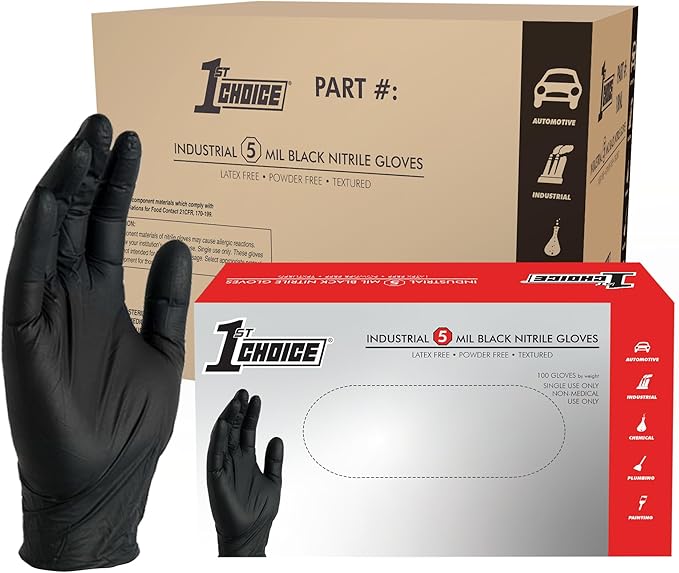 1st Choice Black Nitrile Gloves Disposable Latex-Free 5 Mil Textured for Cooking, Cleaning, Food Prep, Large, Case of 1000