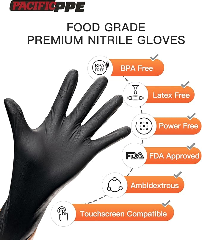 PACIFIC PPE 6-mil Black Nitrile Disposable Gloves, Food-Safe, Powder-Free, Cleaning, Textured Fingertips, Latex-Free, Small