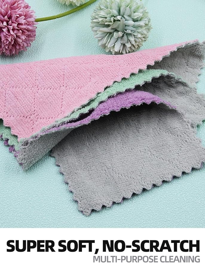 24PCS Kitchen Dishcloth, Microfiber Washcloth, Soft Cleaning Cloths, Coral Fleece/Lint Free/Absorbent/Quick Dry/Nonstick Oil Rags, Reusable Washable Tea Towel, 6''x10'‘ (Green)
