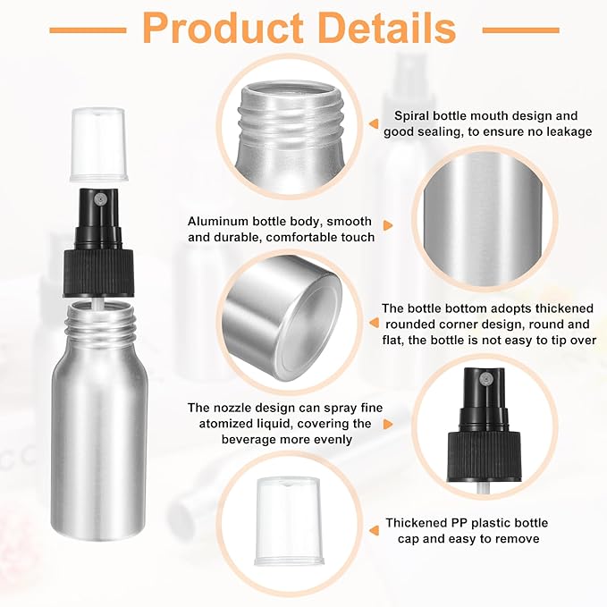 HARFINGTON Aluminum Fine Mist Spray Bottles 30ml/1oz Metal Small Liquid Alcohol Refillable Travel Container with Black Plastic Nozzle Cap for Perfume Skincare Cosmetic Storage Bottle