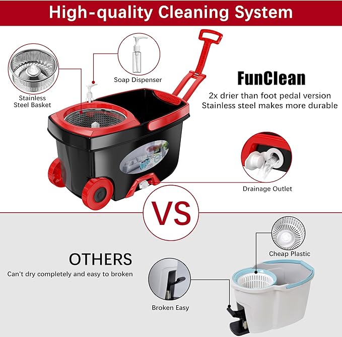 FunClean Spin Mop and Bucket,Mop and Bucket with Wringer Set for Home,360 Spinning Mopping Floor Cleaning Tool with 4 Microfiber Replacement Head Refills,61" Extended Handle, 2X Wheel - Black