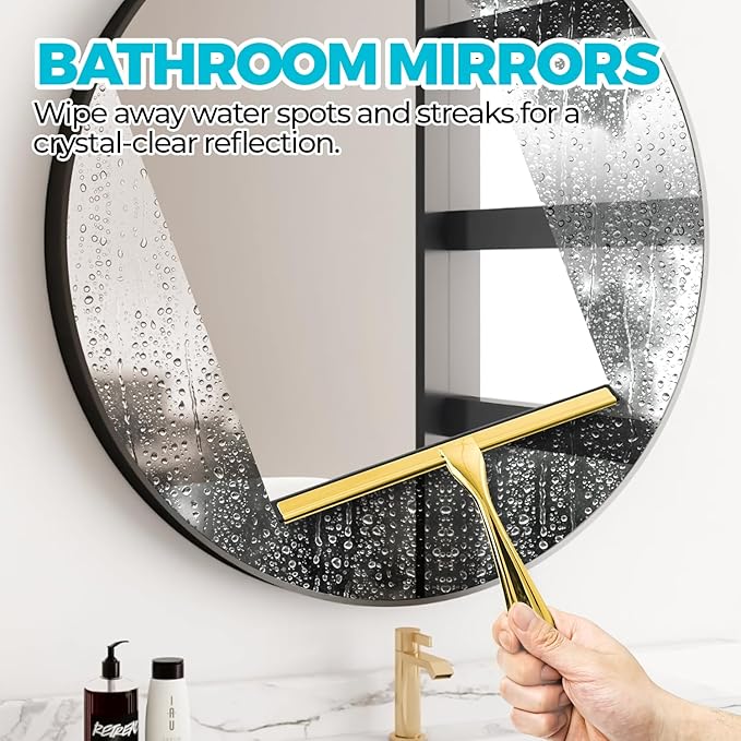 10-Inch Golden All-Purpose Shower Squeegee for Shower Doors, Tile Shower Walls, Bathroom, Window, Glass and Car Windshield, Mirrors and Kitchen-Stainless Steel