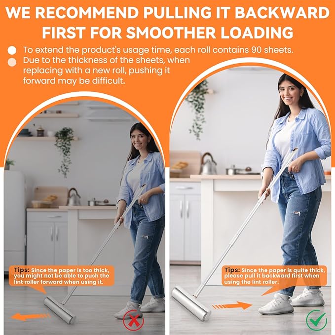 LINSIRON Large Lint Roller Pet Hair Remover 270 Adhesive Sheets Rollers 9.45 Extra Sticky Dog Cat Adjustable Handle 7.9-47.6 Inch, 3 Replaceable Rolls 90 Sheets Each, 3 Extension Rods for 4 Heights﻿