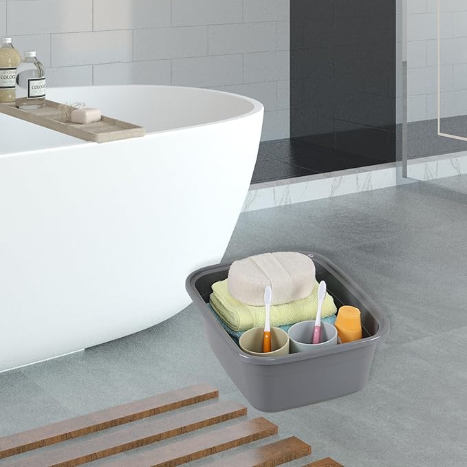 12 Quart Rectangle Plastic Dishpan Basin, 4 Pack Small Dish Tub, Grey