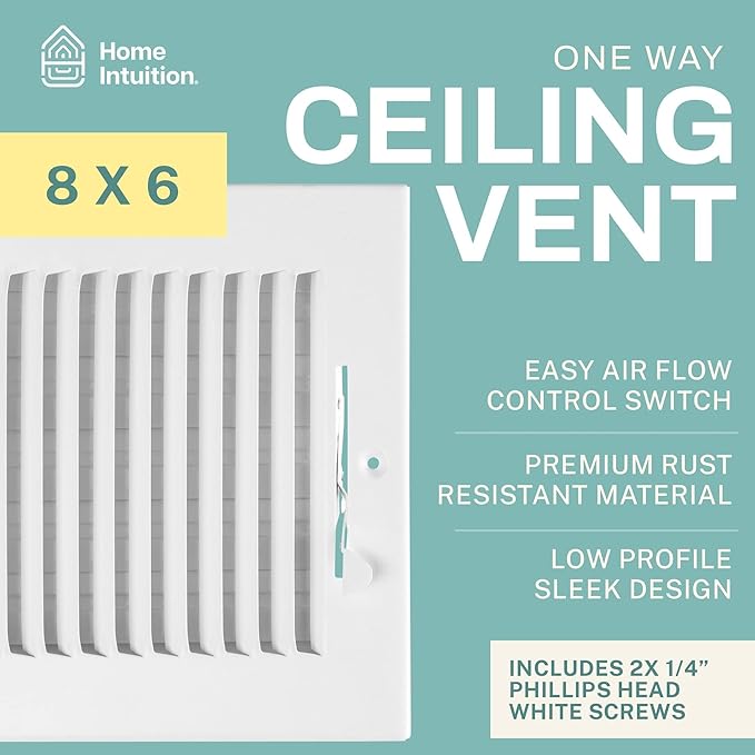 Ceiling Register - Air Vent Covers for Home Ceiling or Wall - 8X6 Inch (Duct Opening) 2-Way White Grille Register Cover with Adjustable Damper for HVAC Heat and Cold Air Conditioner