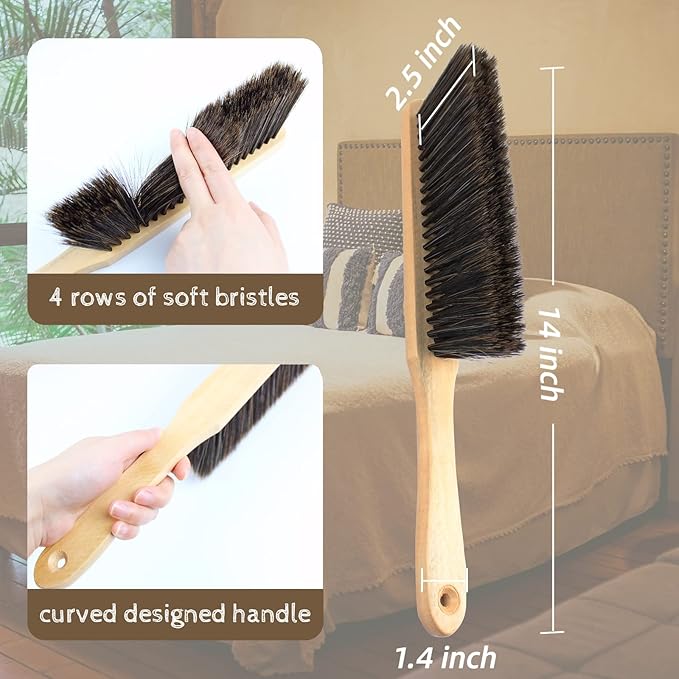 2 Pieces Dust Brush Hand Broom Wooden Bench Brushes with Soft Bristles Counter Brush with Long Wood Handle Household Cleaning Brush for Sofa Bed Pet Fireplace Car (Brown, Yellow)