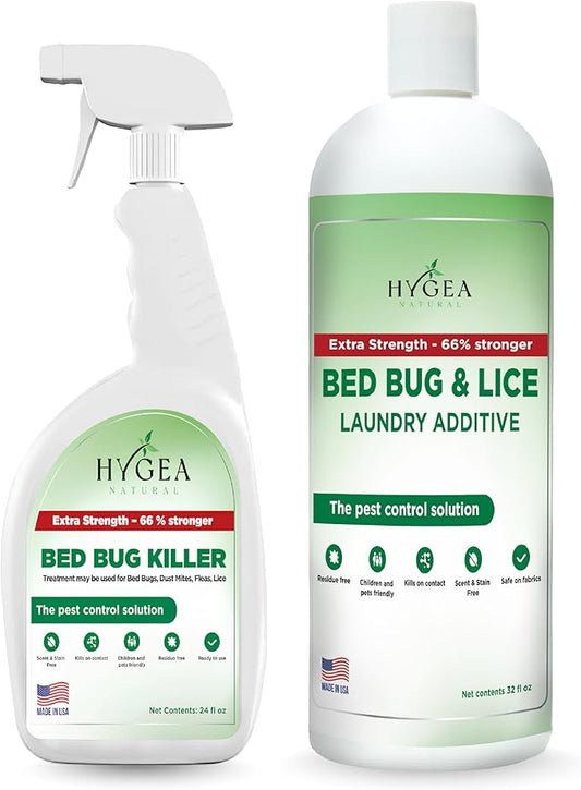 Hygea Natural Bed Bug & Lice Extra Strength Elimination Duo - Includes 24 oz Lice & Bed Bug Spray & 32 oz Laundry Additive - environmentally responsible Formula - Pest Control for Home & Travel