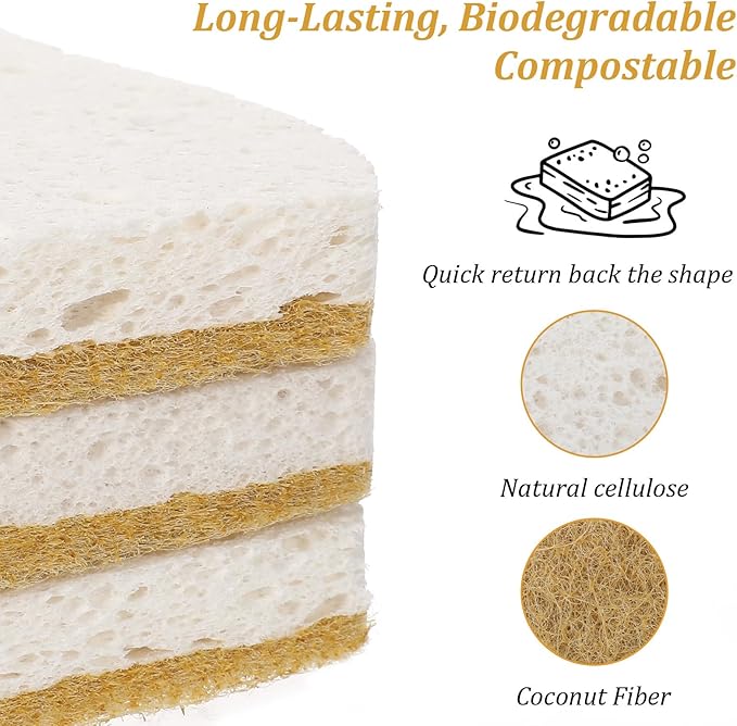 36PCS Natural Kitchen Sponge, Dual-Sided Sisal Fiber Cellulose Scrubber Sponge, Non-Scratch Household Scrub Sponges, Eco Multipurpose Cleaning Foam for Dishes Kitchen Bathroom Household