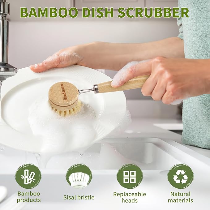 ÖkoStamm Bamboo Dish Brush with Long Handle - Natural Dish Scrubber Brush Set Includes 4 Replacement Brush Heads, Sisal Bristle Bamboo Brush for Dishes, Pans, Pot, Fruit and Veggie