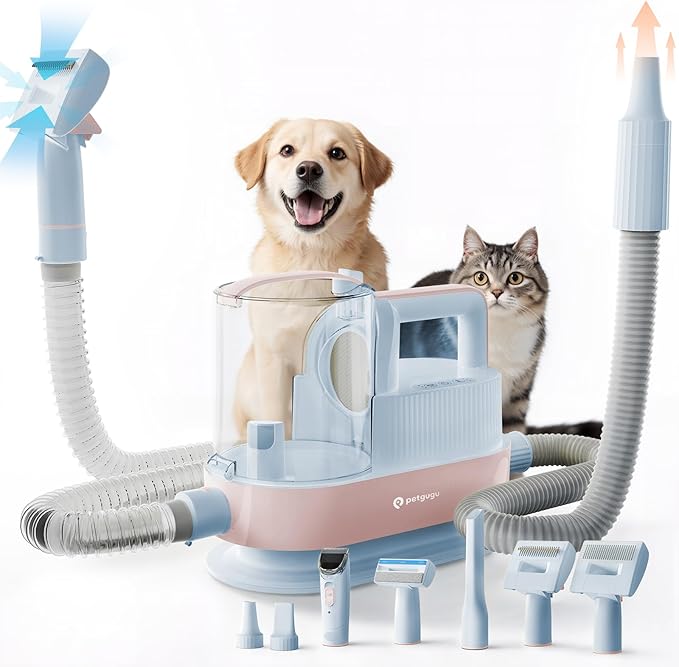 PETGUGU Dog Grooming Vacuum Kit with Clippers, 7-in-1 Pet Hair Grooming Set for Dogs, Hair Dryer with 3 Heat Settings, 11000Pa Suction, 2.5L Dustbin(Powder Blue & Pink)