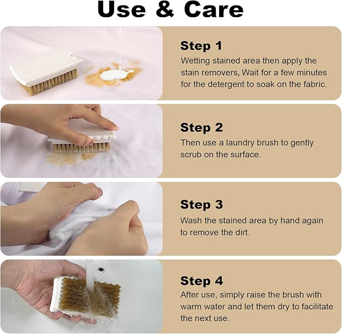 2 Pack Natural Boar Bristle Laundry Stain Brushes, Effectively Removes Tough Stains from Delicate Fabrics, Cotton, Knits & Leather - Gentle Scrubbing for Clothes, Shoes& Upholstery Without Damage
