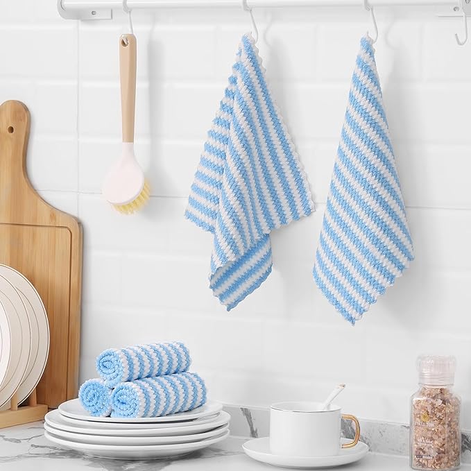 Homaxy 12 Pack Kitchen Dish Cloths, Ultra Soft and Absorbent Dish Towels, Reusable Fast Drying Microfiber Cleaning Cloth, Coral Velvet Wave Design No-lint, 10 x 10 inches, Blue