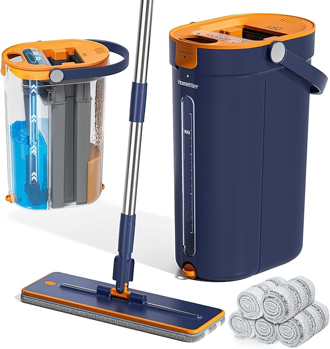 HoMettler Mop and Bucket Set with Wringer, 3-Tank Flat Mop and Bucket System, Wall Mop Cleaner with Long Handle, Hands Free Mops for Floor Cleaning with 6 Microfiber Pads