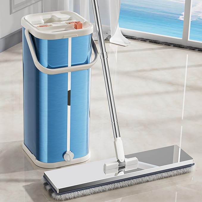 SWIFTIRON Separates Dirty Water Mop, Flat Mop and Bucket for Home with 4 Extra Refills, Stainless Steel Mop and Bucket with Wringer (Blue)