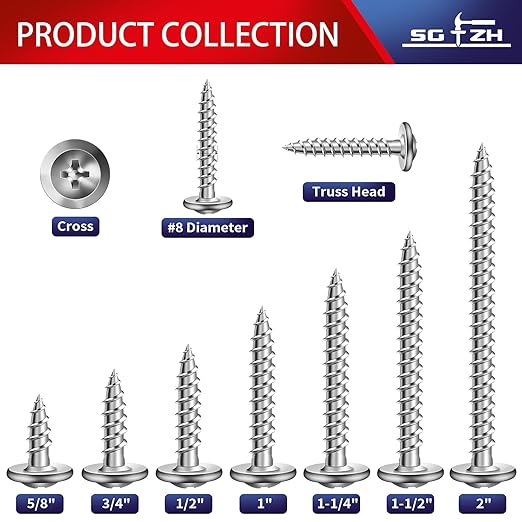 #8 x 1 Inch Wood Screw 250Pcs 410 Stainless Steel Standard Thread Truss Head Fast Self Tapping by SG TZH