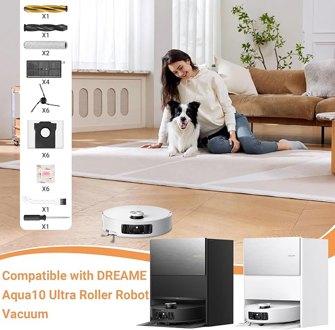 28 Count Replacement Parts for DREAME Aqua10 Ultra Roller Robot Vacuum, 1 Pair Main Brushes, 2 Roller Mops, 4 Filters, 6 Side Brushes & Dust Bags & Scented Tablets, 1 Cleaning Brush & Screwdriver