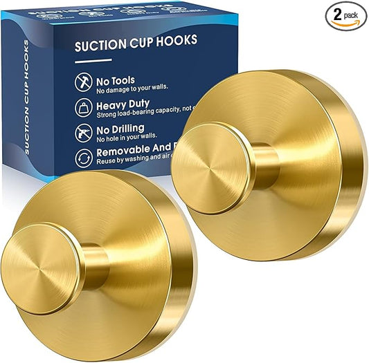 MOTAIPEAK Suction Cup Hooks,No Drill Shower Hooks for Inside Shower,Heavy Duty Towel Hooks for Wall,Bathroom,Kitchen,Glass,Mirror,Tile to Hang Towels,Loofah-Gold(2 Pack)