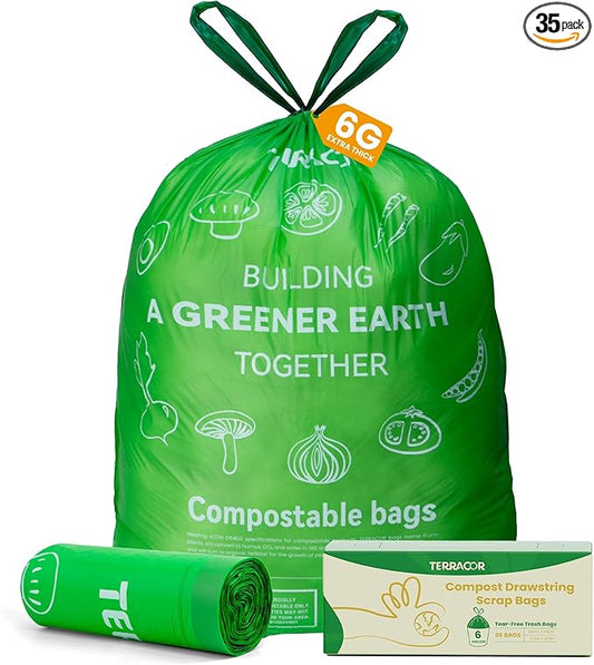 TERRACOR 6 Gallon Compostable Trash Bags Drawstring, Heavy Duty Extra Thick 1 Mil, 35 Bags, Tall Kitchen Food Scrap Waste Bag, ASTM D6400