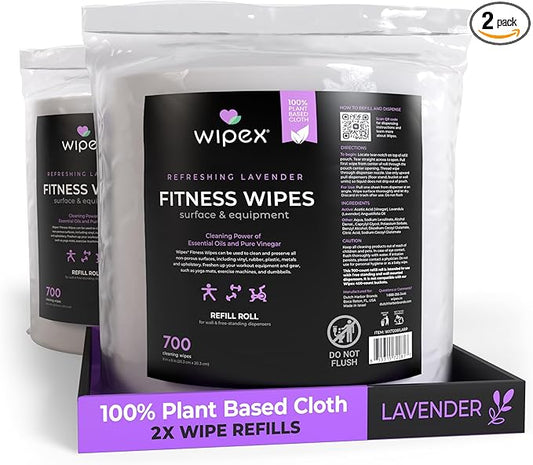 Wipex Gym Wipes for Equipment - 700 Count, Pack of 2 - Lavender Essential Oil Infused Gym Equipment Cleaner with Plant-Based Cloth & Cleaning Vinegar - 8x8 Refill Rolls