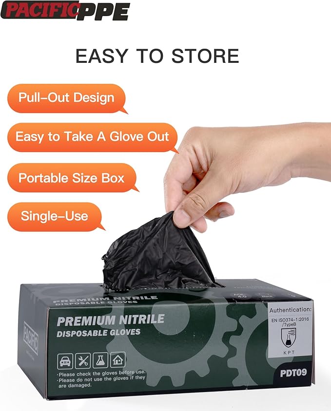 PACIFIC PPE 6-mil Black Nitrile Disposable Gloves, Food-Safe, Powder-Free, Cleaning, Textured Fingertips, Latex-Free, Small