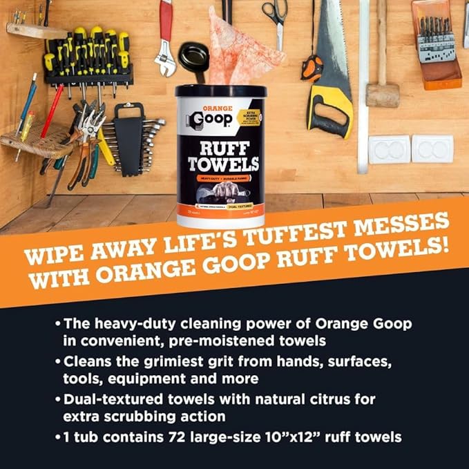 GOOP Orange Heavy Duty Ruff Towels with Scrubbing Power, 10” x 12” Dual Textured Multi-Purpose Cleaning Wipes, Removes Dirt, Grease, Oil, 72 Count (Pack of 2)