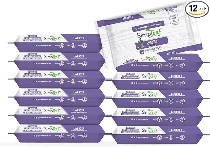 Simpleaf Flushable Wet Wipes Lavender | Plastic Free, Paraben & Alcohol Free | Hypoallergenic & Safe for Sensitive Skin | Soothing Aloe Formula | Adult Toilet Wipes (12 x 50 Counts Pack) 600 Counts