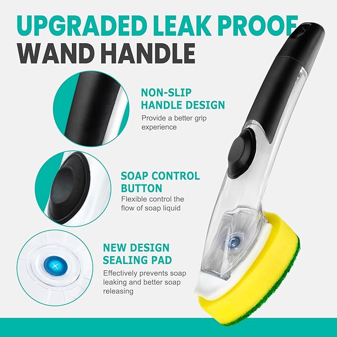 HELIME Dishwand Handle with 5 Heavy Duty Sponge Refills,Dish Wand Refill with Hole,Non-Scratch Dishwashing Brush with Soap Control Dispenser, Leak-Proof Kitchen Scrubber for Pans,Dishes,Scrub Clean