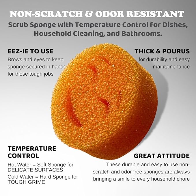 The Original Smiling Handle for Scrub Daddy and Scrub Moji Sponges (Light Blue Handle) & 3 Orange Scrub Moji Sponges