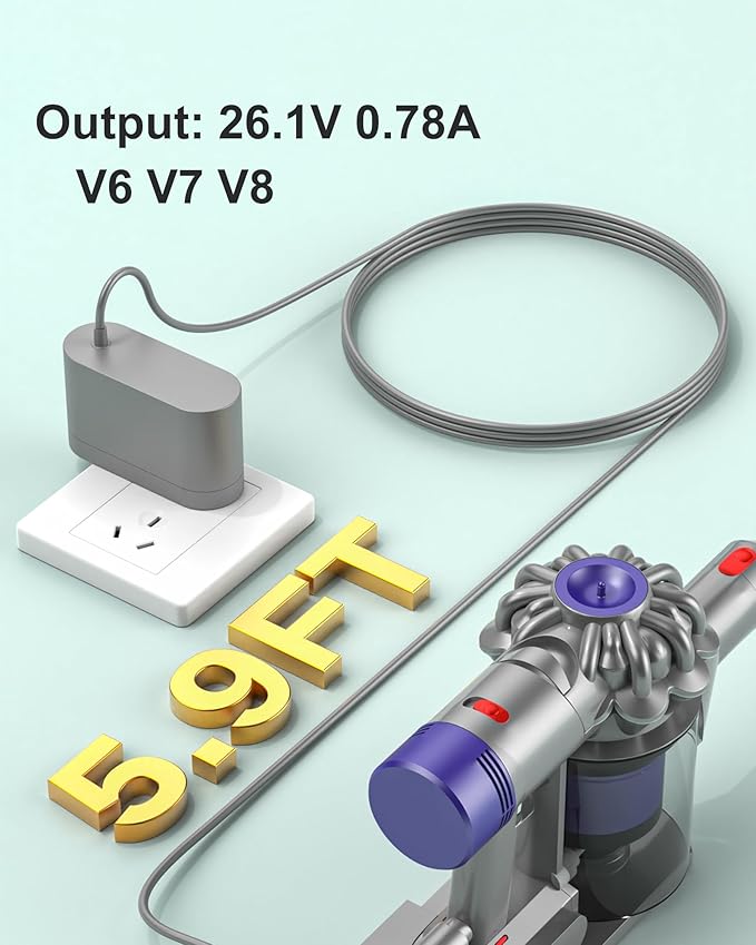 26.1V Replacement for Dyson Charger Compatible with Dyson V6 V7 V8 Car+Boat Cordless Vacuum –(Not for V10/V11/V12 Models), 5.9FT Cord
