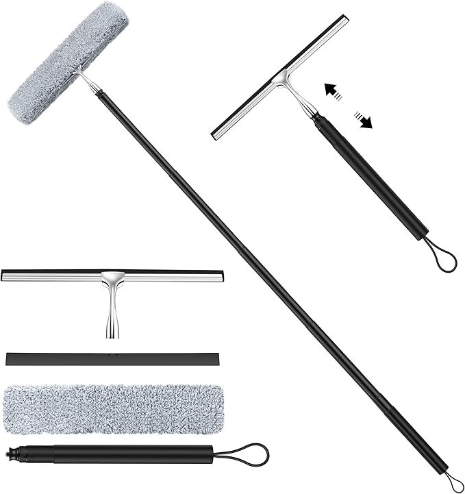 Toncoke Window Squeegee for Home, 2 in 1 Window Washing kit with Extension Pole Long Handle Squeegee for Shower Glass Floor Tile Wall Car Windshield, 12 inch Wide, Black