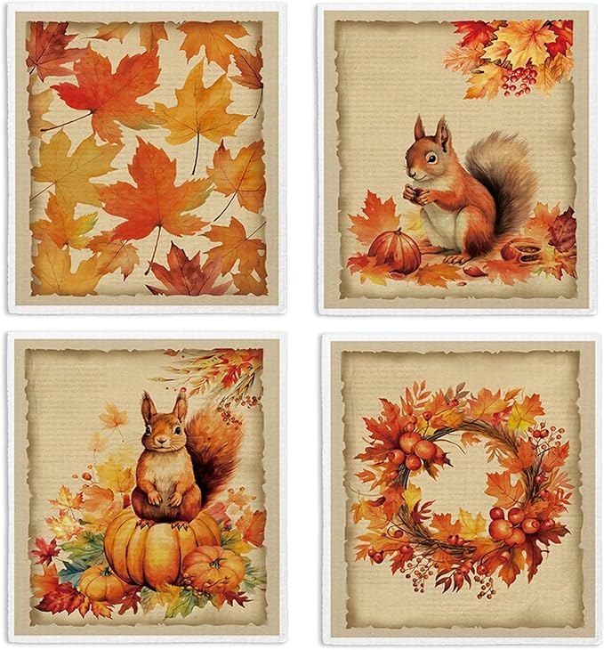 Swedish Dishcloths for Kitchen Cloths Towels, Cute Squirrel Fall Pumpkin Maple Leaves Gifts 4 Pack Dish Cloths for Kitchen, Vintage Autumn Papaya Reusable Cleaning Paper Towels Washable