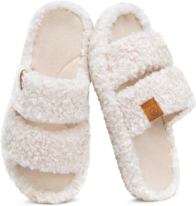EverFoams Womens Fuzzy Open-toe Slippers Soft Comfy Memory Foam Indoor House Shoes