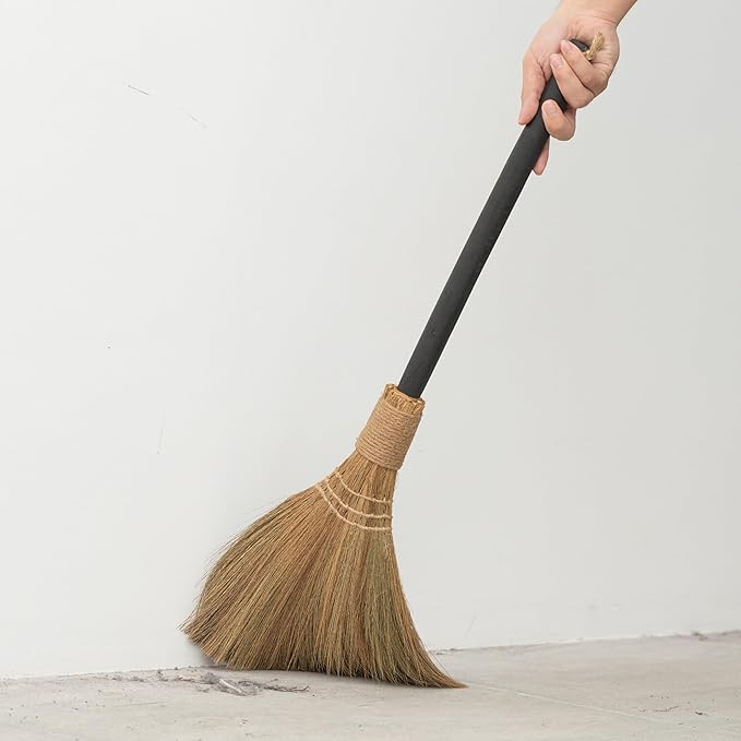 TTS For Home Natural Whisk Sweeping Black Handle Broom - Brooms for Wedding Jumping Ceremony Halloween DIY Decoration - Vietnamese Straw Soft Broom 12.2" Width, 28.35" Length