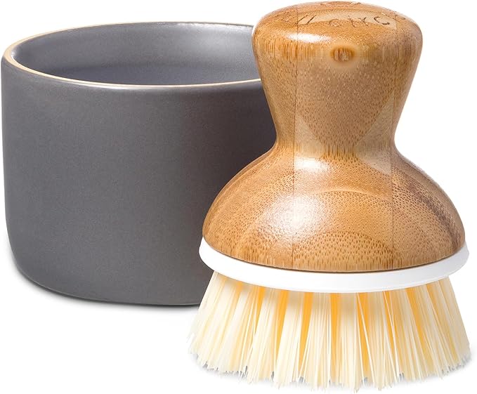Full Circle Bubble Up Bamboo Dish Brush & Ceramic Soap Dispenser – [Bamboo Coating] Family Safe, Formaldehyde-Free – Kitchen Scrub Brush for Dishes, Nonstick & Cast Iron, Gray