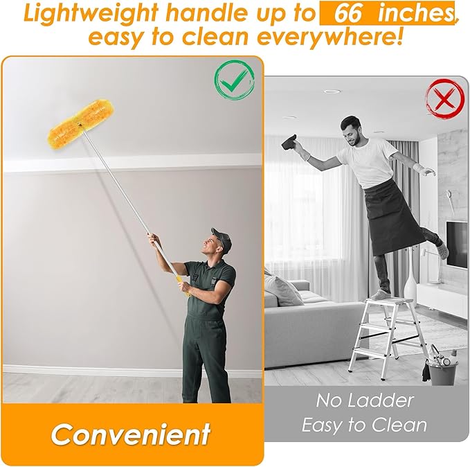 NEWE Dusters for Cleaning with 20 Refills for Flash, Extendable Handle Heavy Duty Dust Magnet for Swiffer with Microfibers, 360 Degree Multi-Surface Dusting Kit for Blinds Furniture (Yellow)
