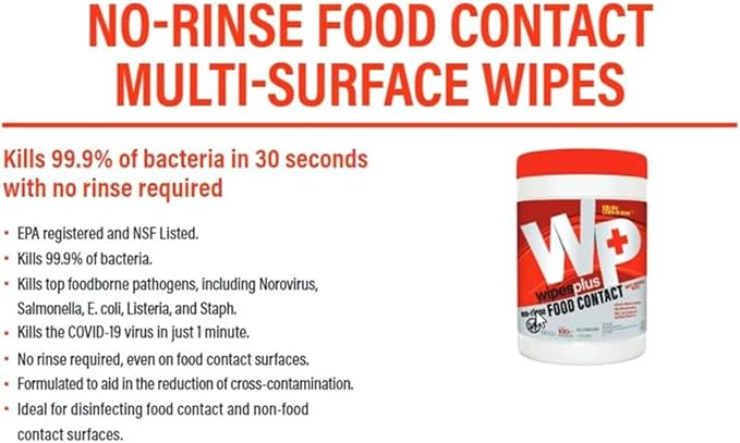 WIPESPLUS No-Rinse Food Contact Wipes Canister Multi-Surface Wipes, Unscented for Home and Business, 1200 Count, (12 Packs of 100)