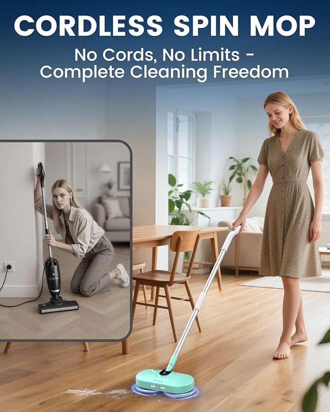 Cordless Electric Mop,Dual-Motor Powerful Spin Mop with Led Headlight&Water Spray,2600mAh Battery Rechargeable Floor Scrubber with 350ml Water Tank for Floor Cleaning
