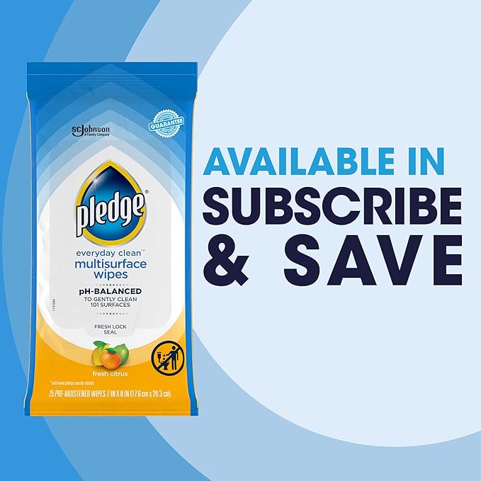 Pledge Multisurface Cleaning Wipes, pH Balanced, Fresh Citrus, 25 Count (Pack of 3, 75 Total Wipes)