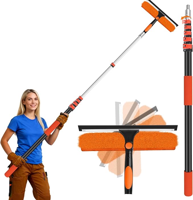 Jhkopqe 30FT Telescoping Window Cleaning Kit with 14" Squeegee - 2-in-1 Professional Window Scrubber & Extension Pole - Extra Long High-Reach Glass Cleaner Tool for Indoor & Outdoor High Windows, RV
