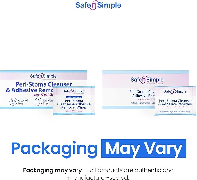 Safe n’ Simple Adhesive Remover for Skin - 75 Individually Wrapped 5"x7" Sting Free Alcohol Free Medical Adhesive Remover Wipes - Gentle Stoma & Ostomy Adhesive Removal Pads for Sensitive Skin